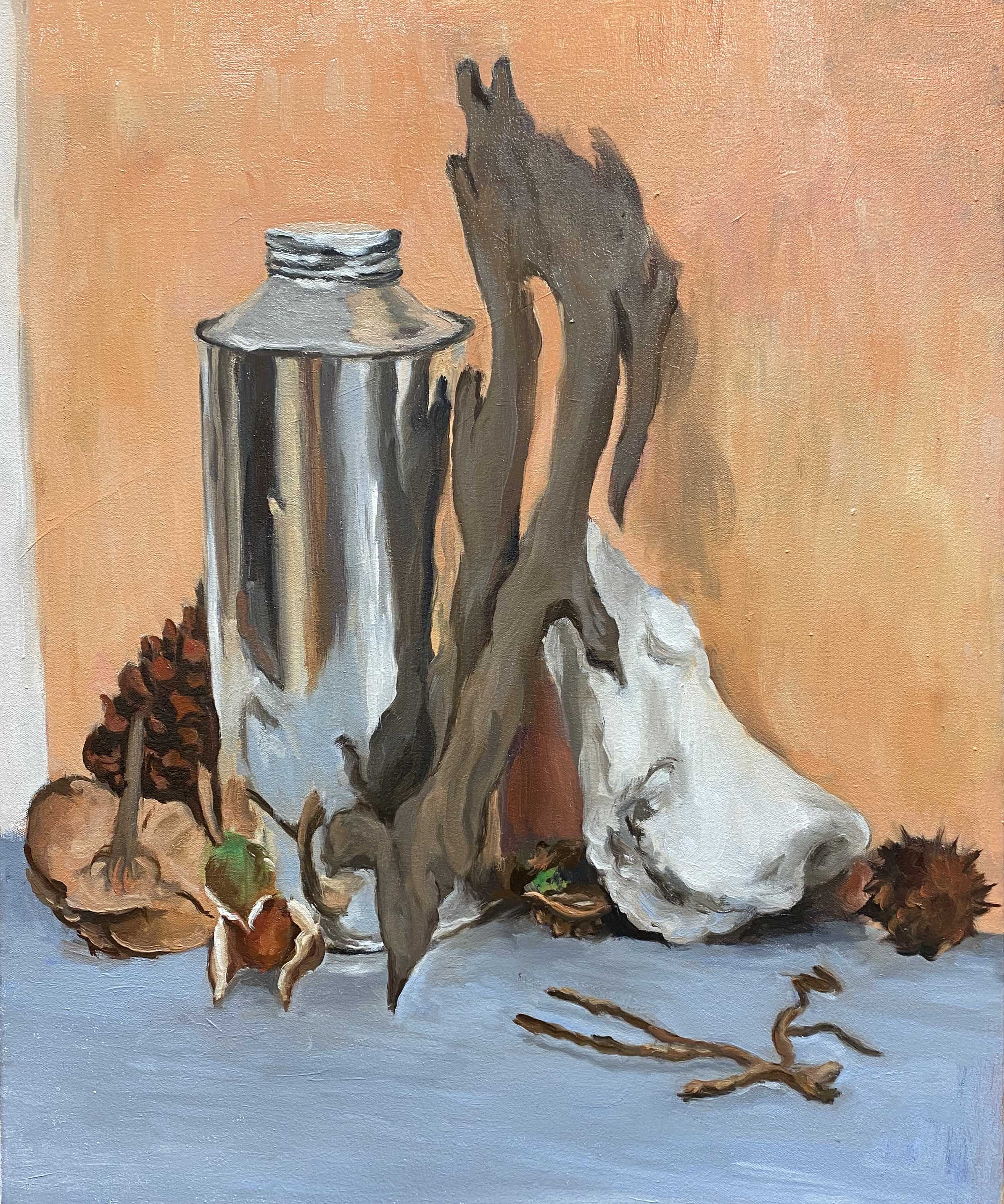 Still life with silver flask, oil on canvas
